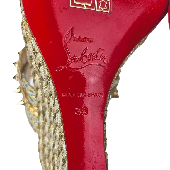 CHRISTIAN LOUBOUTIN Braided Gold-Studded Leather Wedge Sandals - Picture 10 of 13